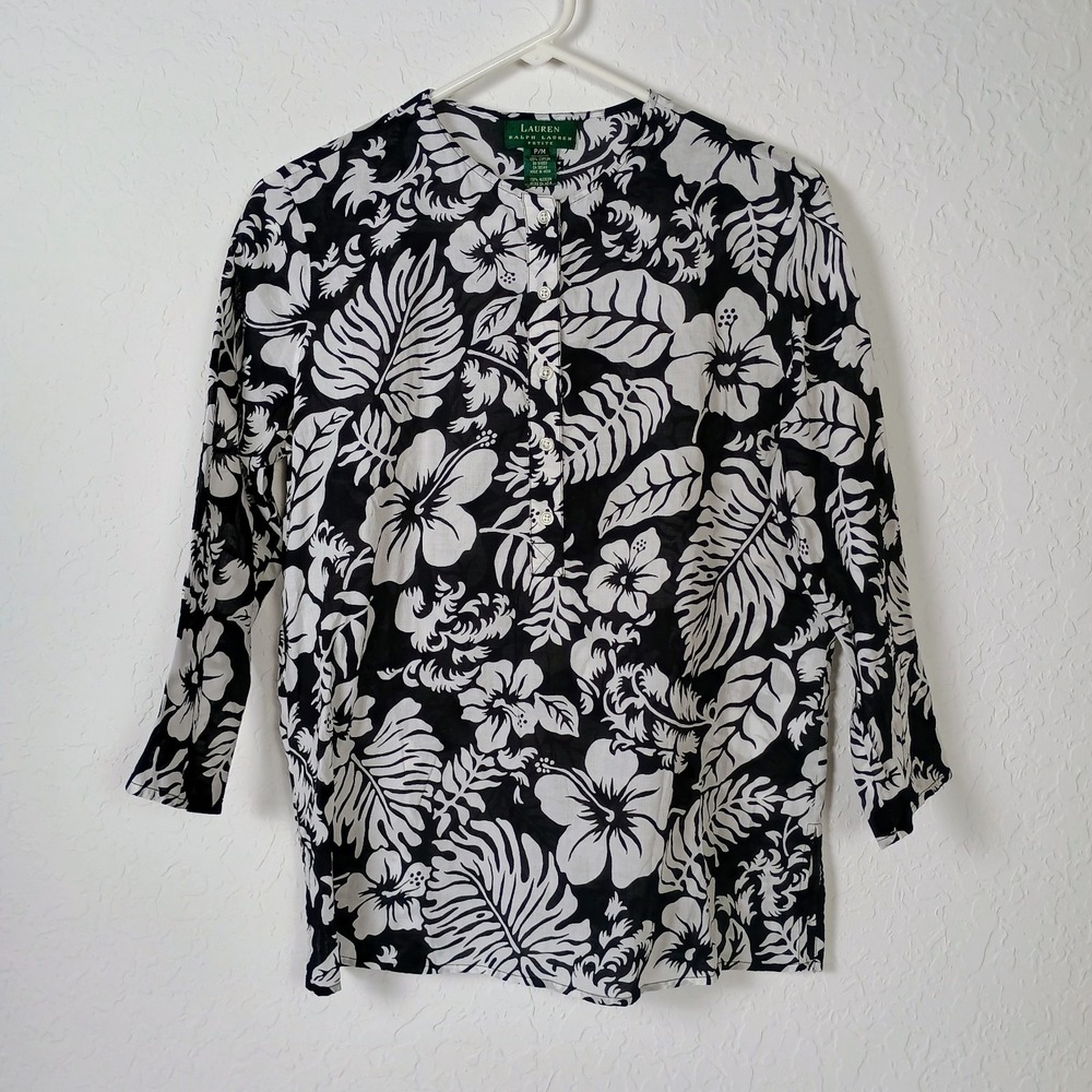 Lauren Ralph Lauren Black White Floral Tropical 3/4 Sleeve Petite M Top‎
